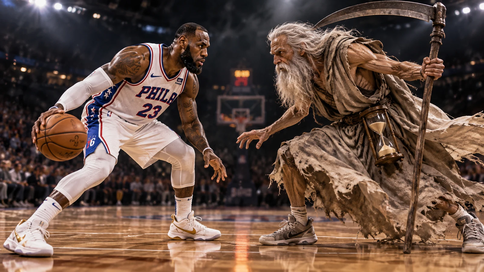 Satirical basketball scene of LeBron James in Philadelphia No. 23 facing a personified Father Time carrying a scythe and hourglass in a one-on-one matchup.