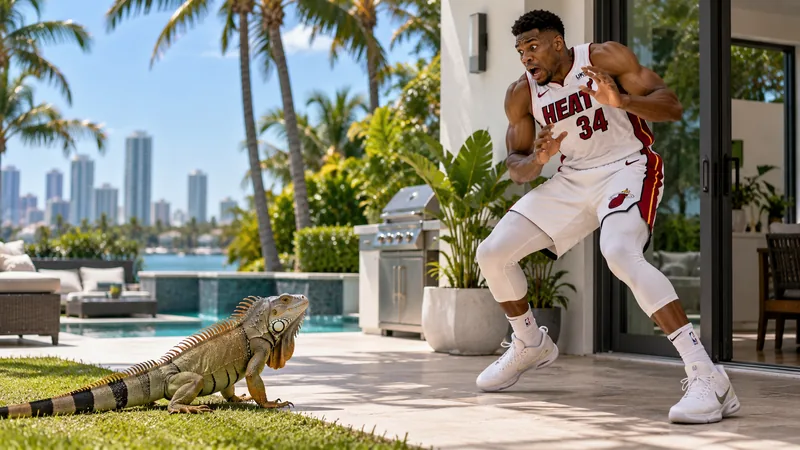 Satirical Miami backyard scene showing Giannis Antetokounmpo in Heat No. 34 recoiling from a large iguana beside a swimming pool.