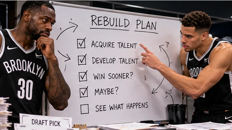 Satirical Brooklyn Nets planning session with players surrounding a rebuild whiteboard full of increasingly uncertain steps.