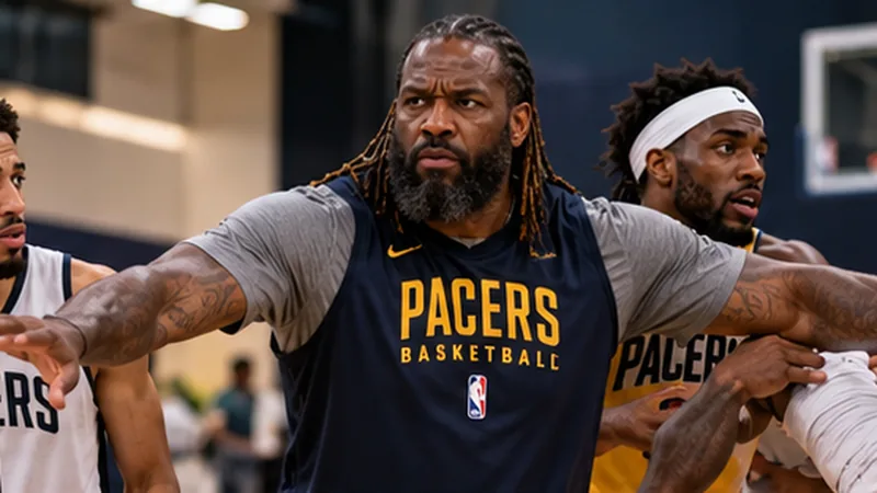 Satirical Pacers practice scene showing veteran James Johnson calmly separating teammates before an argument can escalate.