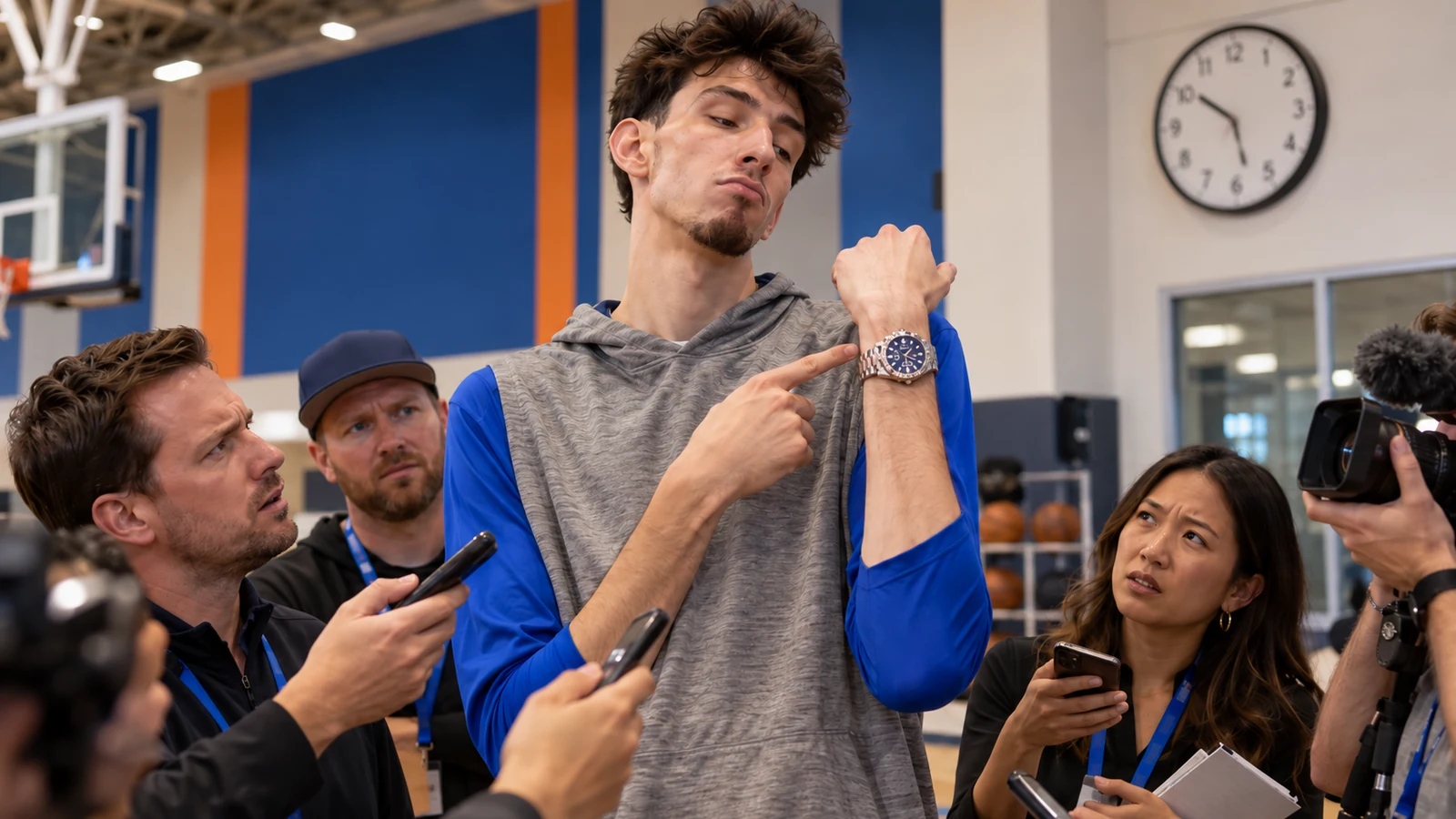 Satirical media-scrum image showing a Chet Holmgren-like basketball player displaying a luxury watch to reporters beside a clearly visible wall clock.