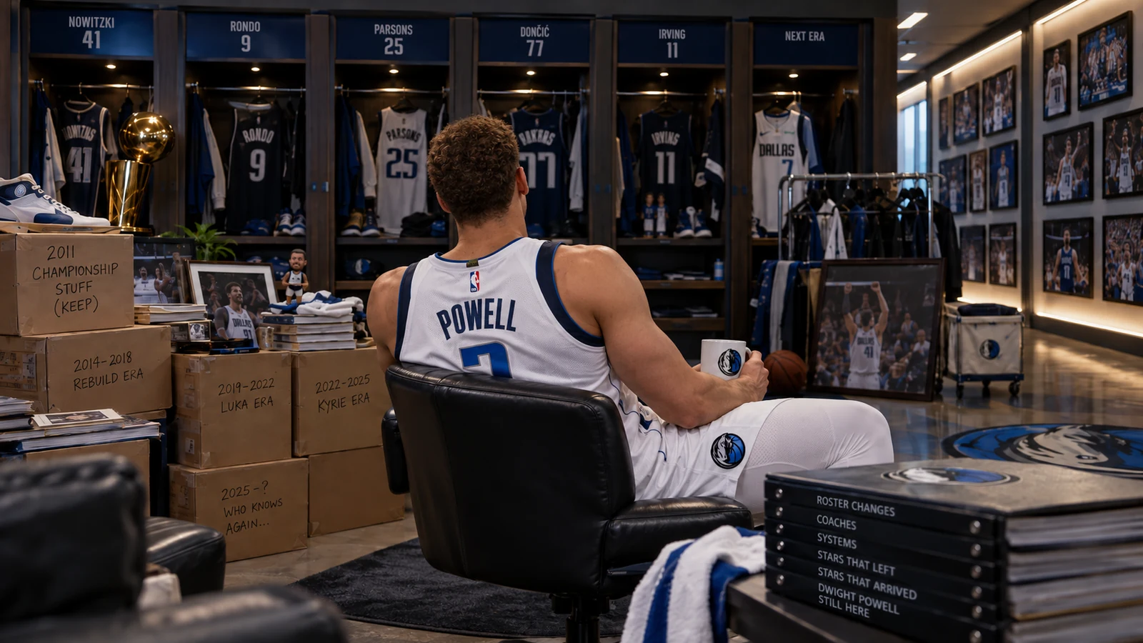 Satirical Mavericks locker-room image showing Dwight Powell from behind as he sits in front of a visual timeline of multiple Dallas roster eras.