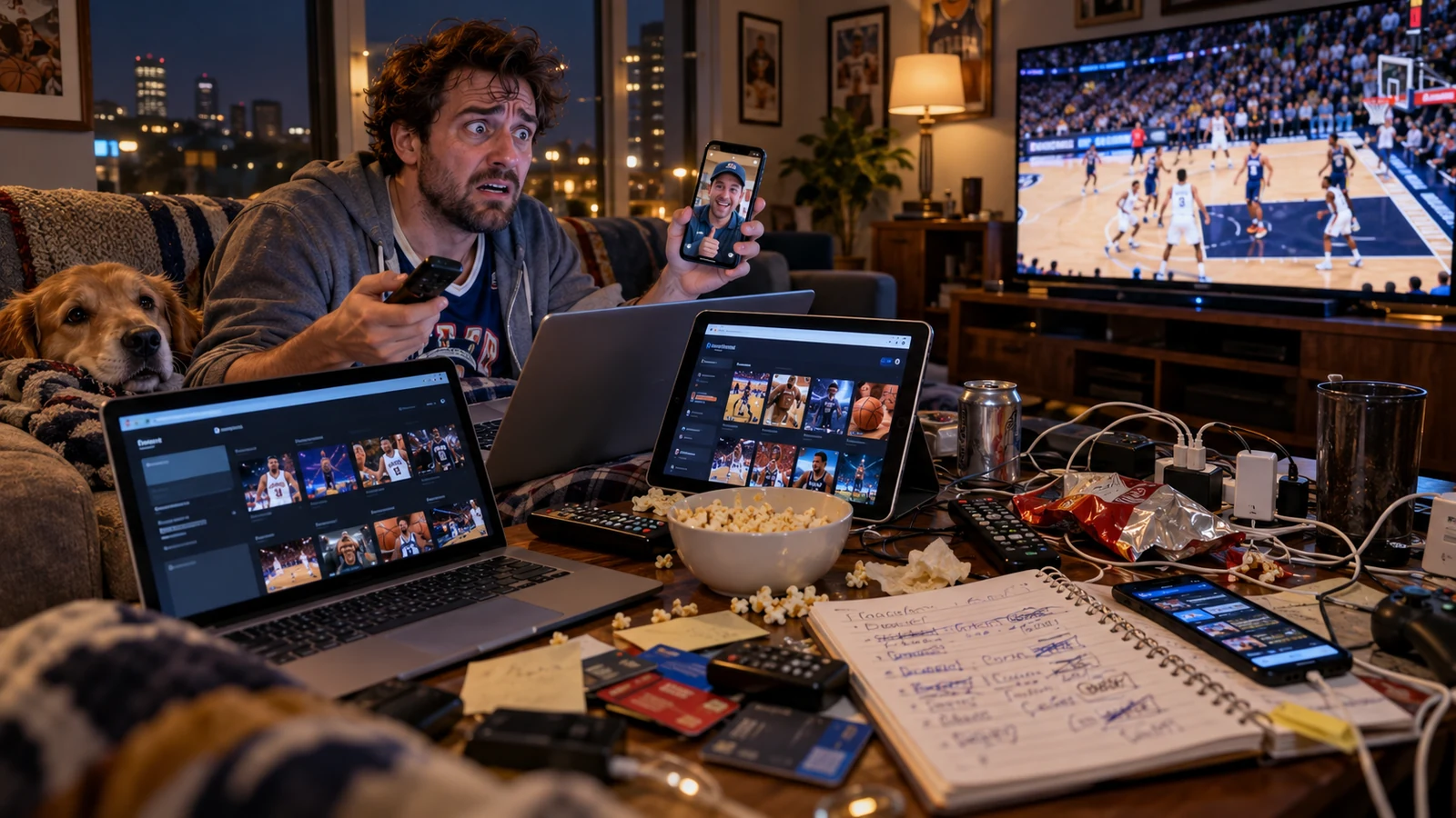 Satirical living-room scene with an overwhelmed basketball fan surrounded by multiple devices, remotes, cables and subscription screens while video-calling a cousin for a password.