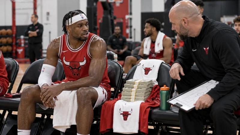 Satirical Bulls practice scene showing Buddy Hield sitting beside a literal stack of cash occupying its own bench seat.