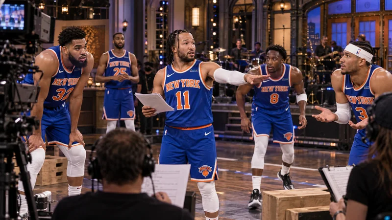 Satirical studio-rehearsal image showing Jalen Brunson directing Knicks teammates on an SNL-style stage under cameras and production lights.