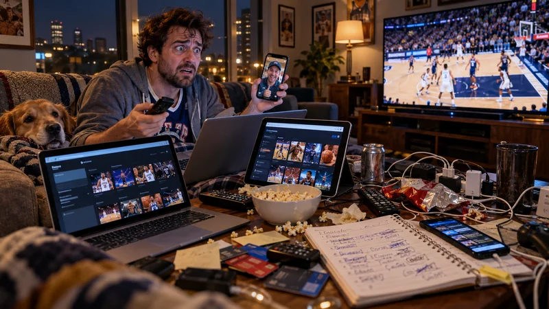 Satirical living-room scene with an overwhelmed basketball fan surrounded by multiple devices, remotes, cables and subscription screens while video-calling a cousin for a password.