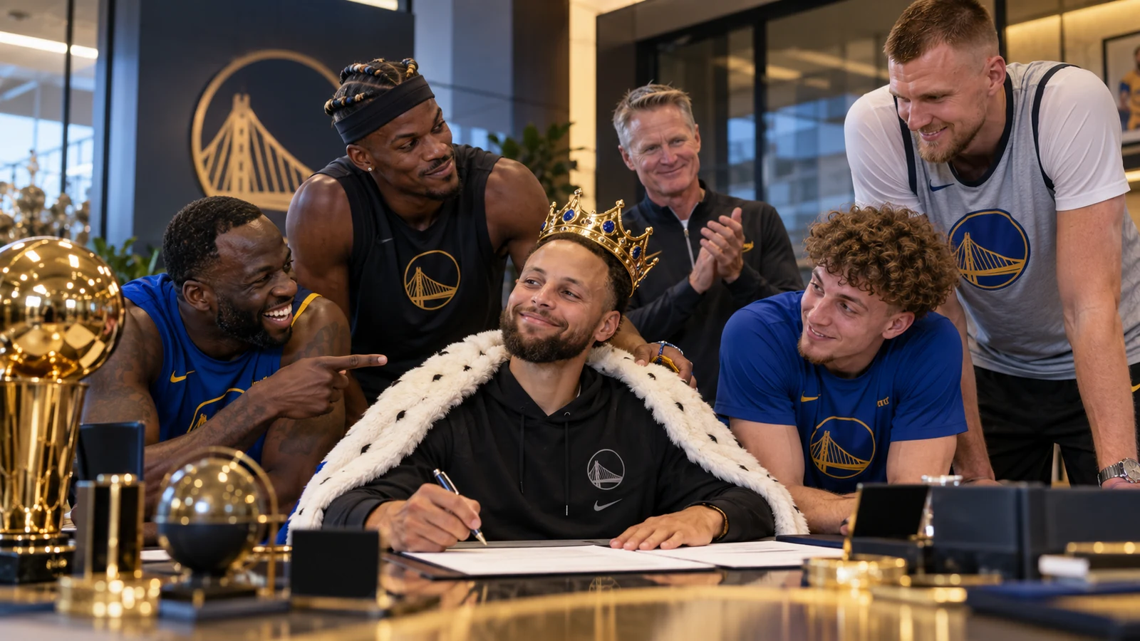 Satirical Warriors contract-signing scene showing Stephen Curry wearing a crown and ceremonial cape as the organization celebrates around him.