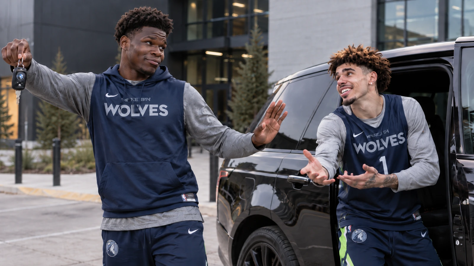 Satirical editorial image of Anthony Edwards holding car keys away from LaMelo Ball in a Timberwolves parking lot beside an SUV.