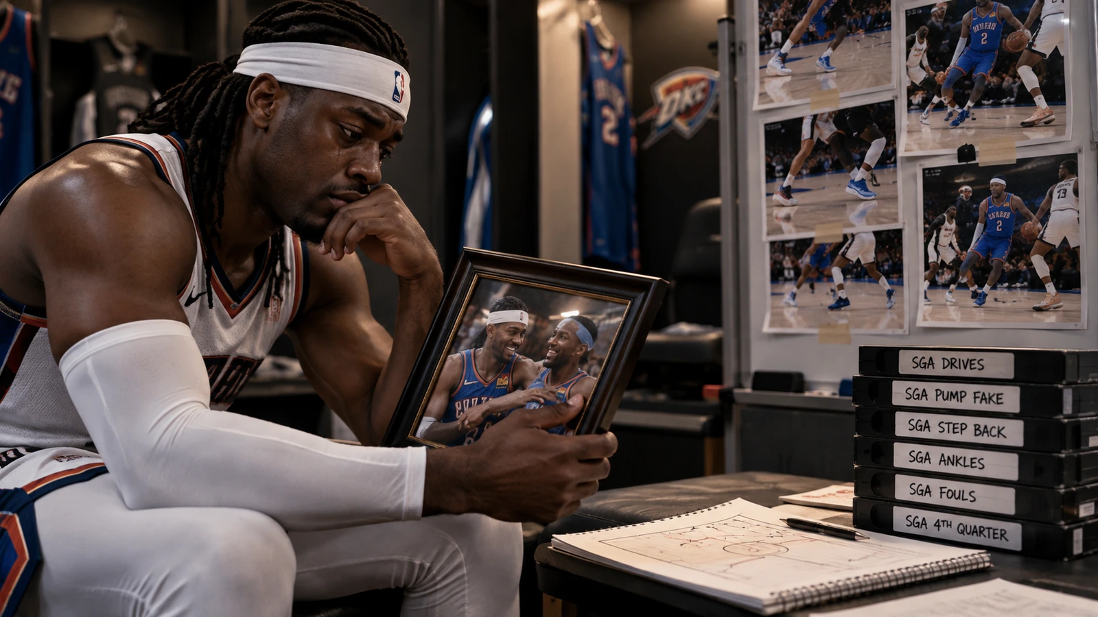 Satirical emotional locker-room scouting scene of Lu Dort studying old Thunder film and a framed photo while preparing to defend Shai Gilgeous-Alexander.