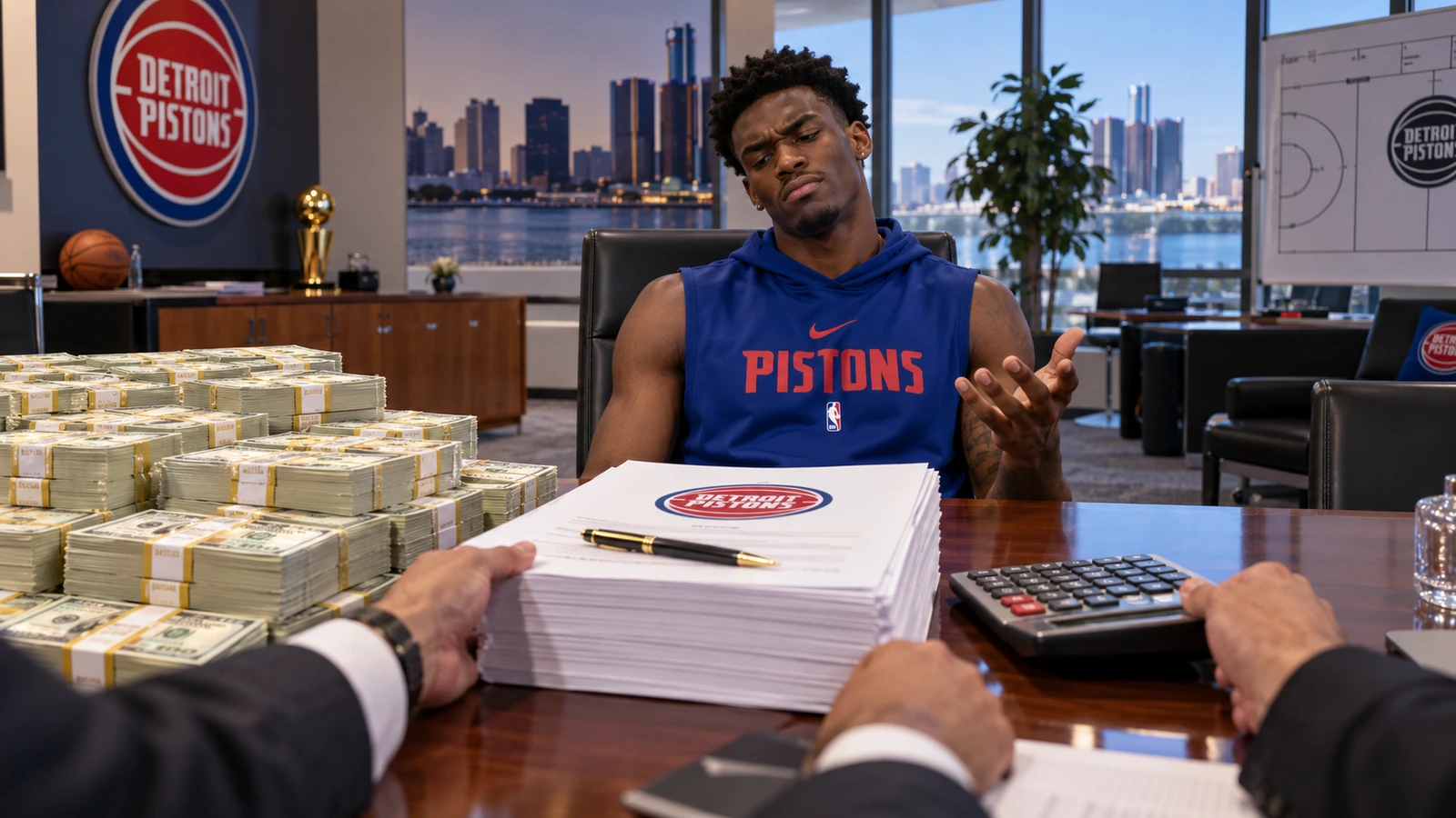 Satirical editorial image of Jalen Duren at a Pistons contract-negotiation table eyeing a huge stack of cash and papers.