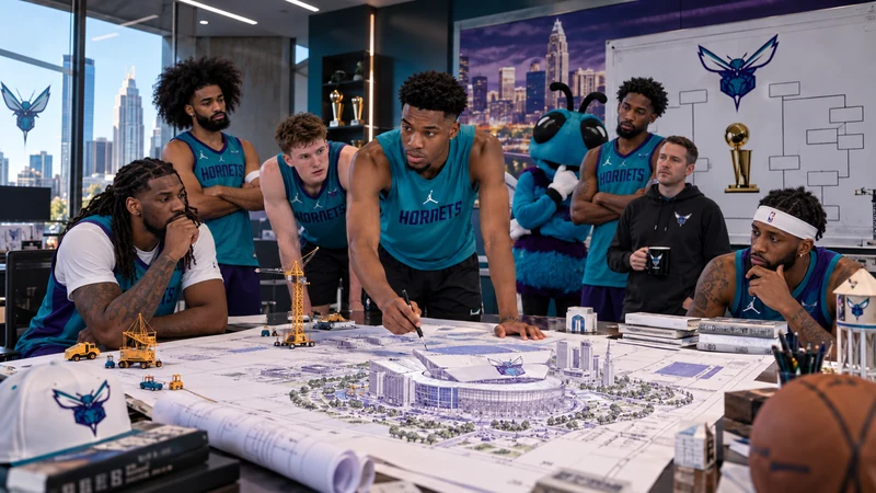 Satirical editorial image of current Charlotte Hornets players and staff studying an enormous arena blueprint covered in future plans and construction models.