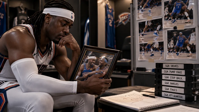 Satirical emotional locker-room scouting scene of Lu Dort studying old Thunder film and a framed photo while preparing to defend Shai Gilgeous-Alexander.