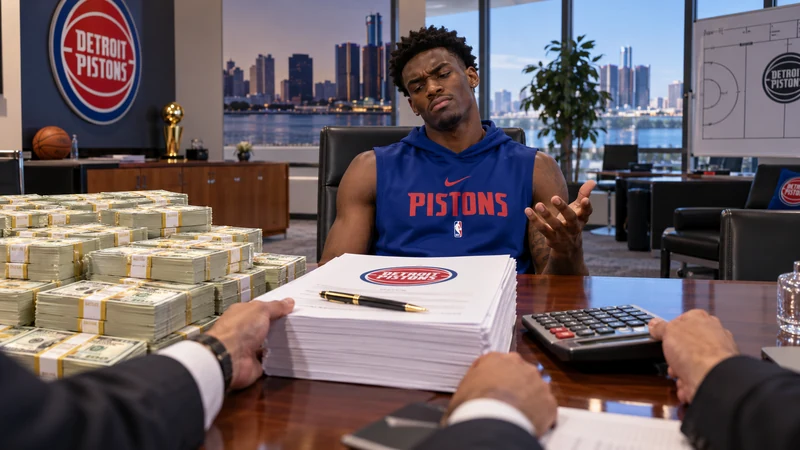 Satirical editorial image of Jalen Duren at a Pistons contract-negotiation table eyeing a huge stack of cash and papers.