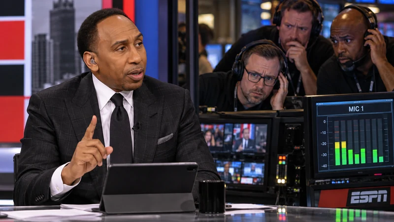 Satirical editorial image of Stephen A. Smith calmly speaking on set while anxious producers monitor audio levels in a control room.