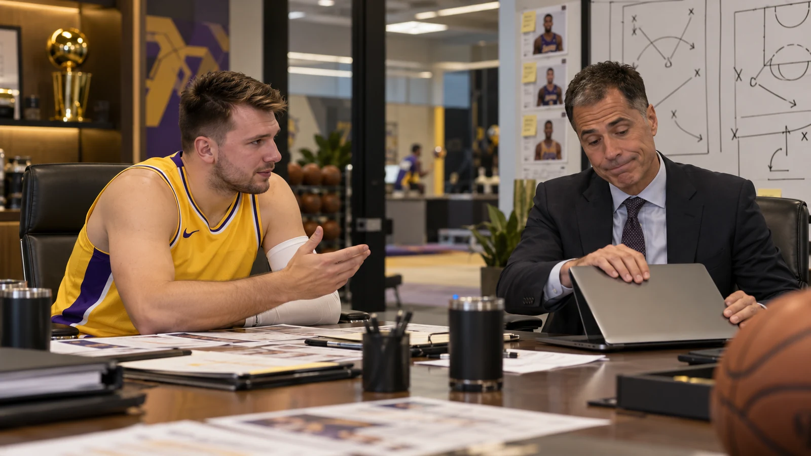 Satirical Lakers front-office meeting with Luka Dončić gesturing across a desk as Rob Pelinka closes a laptop.