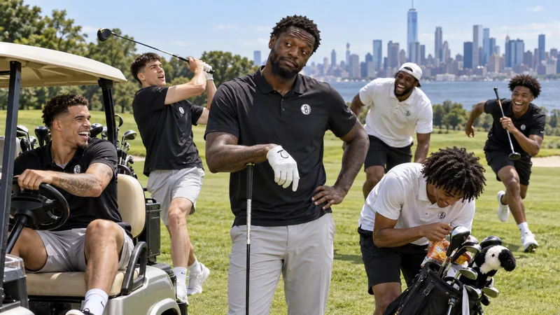 Julius Randle looks like an exhausted responsible adult while younger Brooklyn teammates cause chaos during a team golf outing.