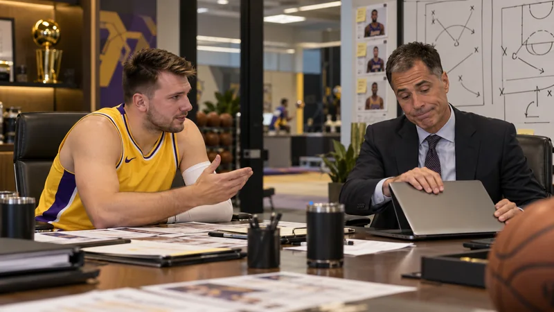 Satirical Lakers front-office meeting with Luka Dončić gesturing across a desk as Rob Pelinka closes a laptop.