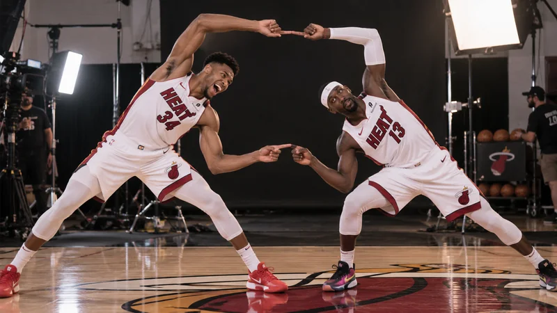 Giannis Antetokounmpo and Bam Adebayo perform an anime-style fusion pose during a Miami basketball media-day photo shoot.