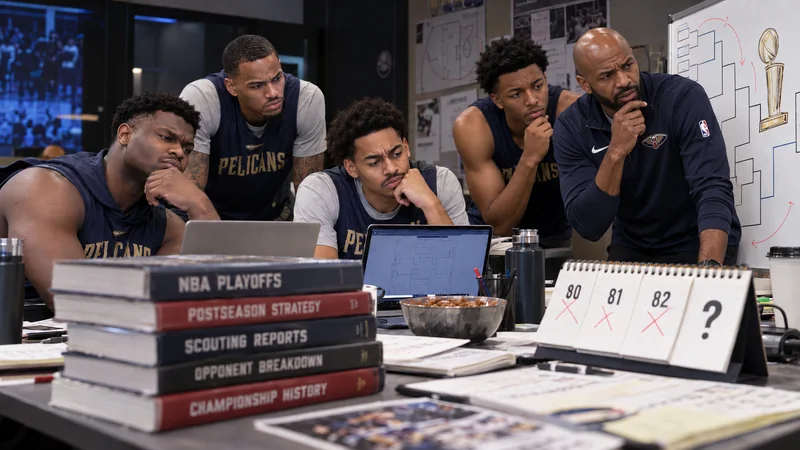 Current New Orleans players and coach Jamahl Mosley study a postseason bracket and playoff strategy materials in a meeting room.