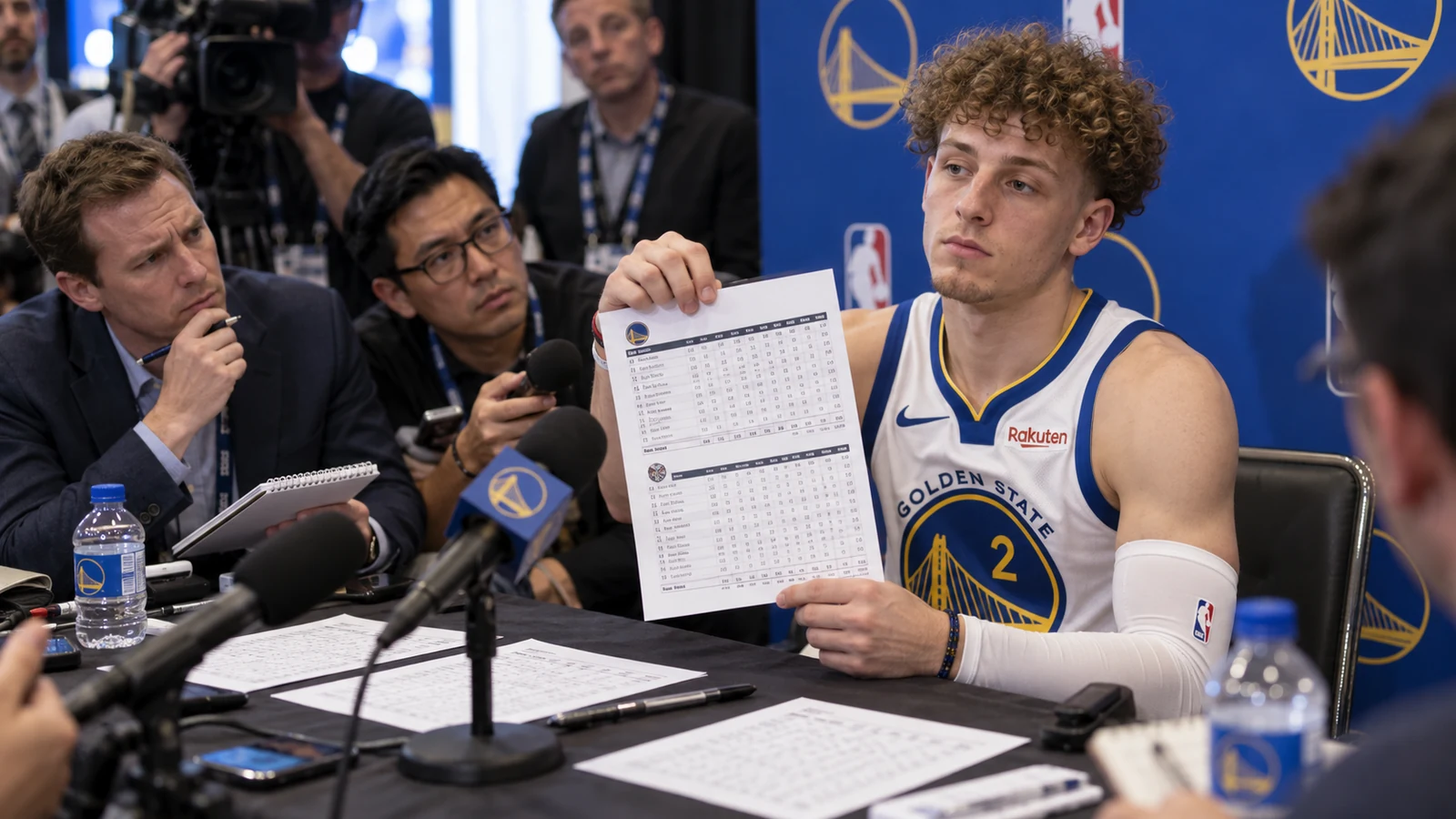Satirical Warriors Media Day scene showing a Brandin Podziemski-like player silently holding up a printed box score to reporters.