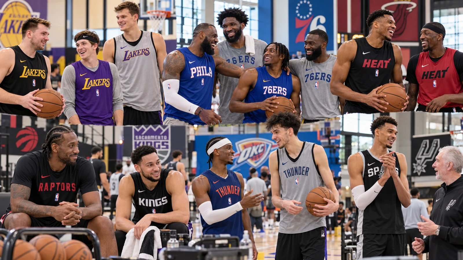 Satirical multi-team NBA training-camp scene showing current players in current team practice gear across a lively practice gym.