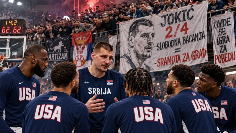 Satirical European-arena scene showing Nikola Jokić in Serbia warmup gear addressing American NBA stars in Team USA warmup shirts before an intense Serbian crowd.