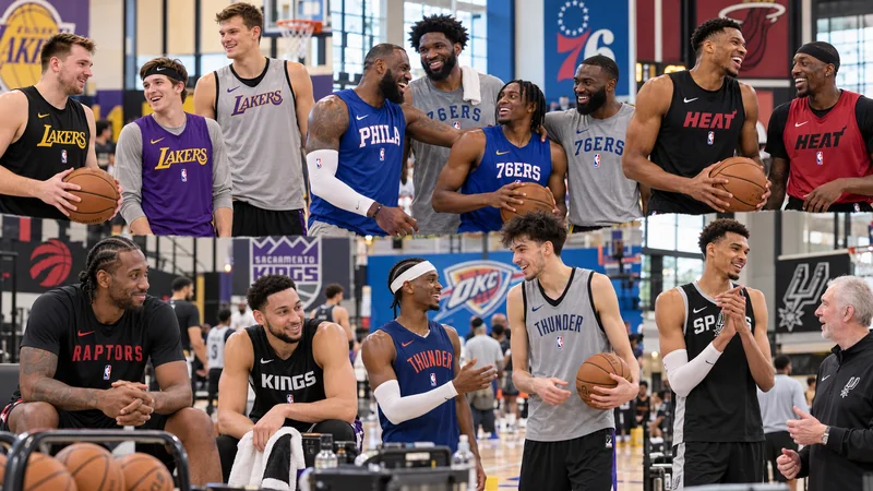 Satirical multi-team NBA training-camp scene showing current players in current team practice gear across a lively practice gym.