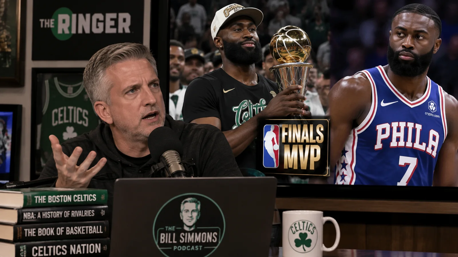 Satirical sports-podcast studio scene with a Bill Simmons-like host discussing Jaylen Brown’s Finals MVP while a screen contrasts Brown in Celtics championship imagery and current 76ers gear.
