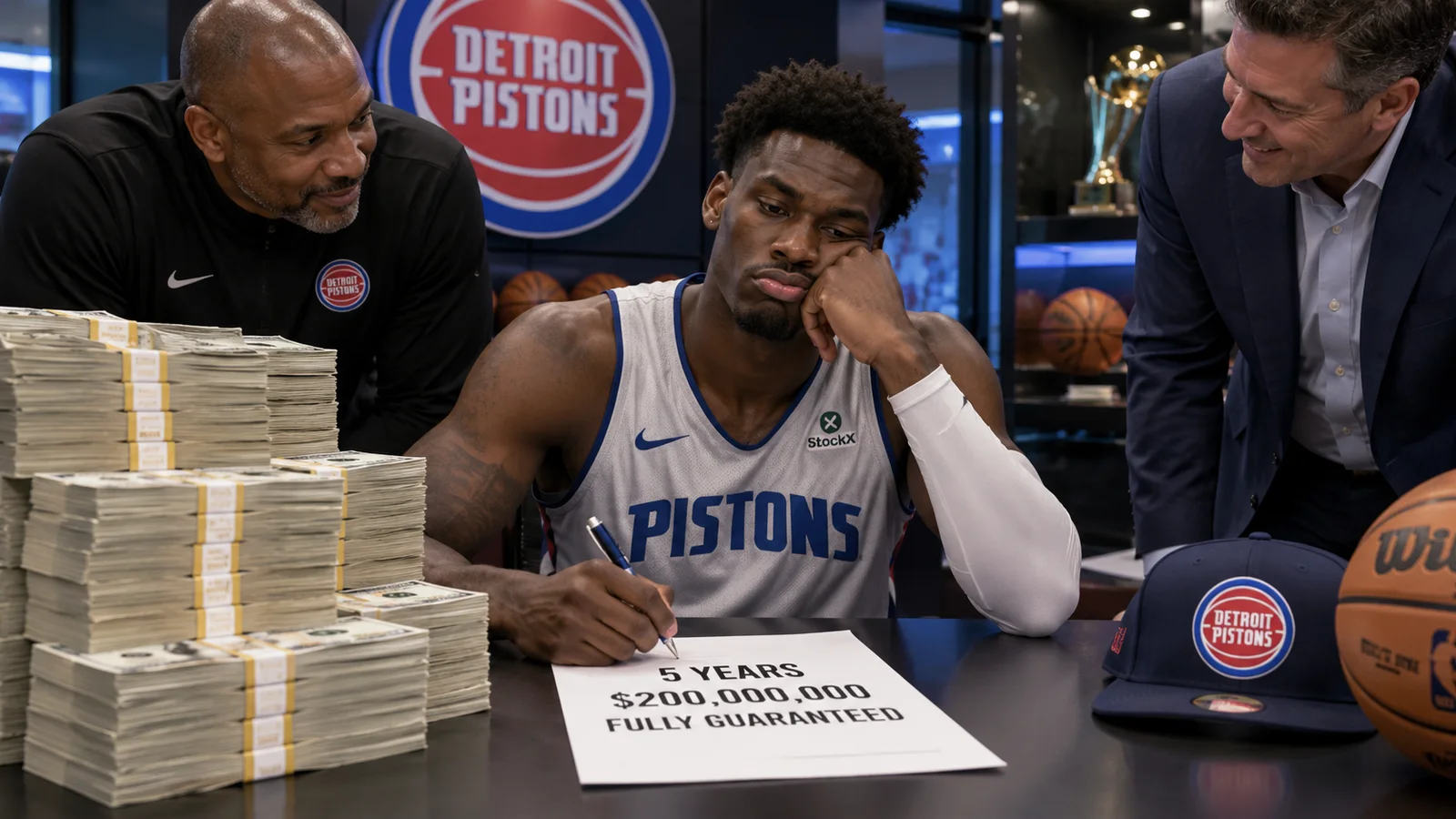 Satirical Detroit Pistons contract-signing scene with a Jalen Duren-like player reluctantly signing a five-year, $200 million fully guaranteed deal beside stacks of cash.