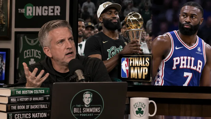 Satirical sports-podcast studio scene with a Bill Simmons-like host discussing Jaylen Brown’s Finals MVP while a screen contrasts Brown in Celtics championship imagery and current 76ers gear.