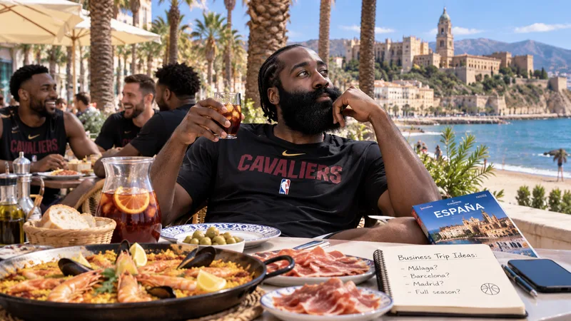 Satirical Málaga seaside café scene with a James Harden-like Cavaliers player relaxing over Spanish food while considering an unusually long stay in Spain.