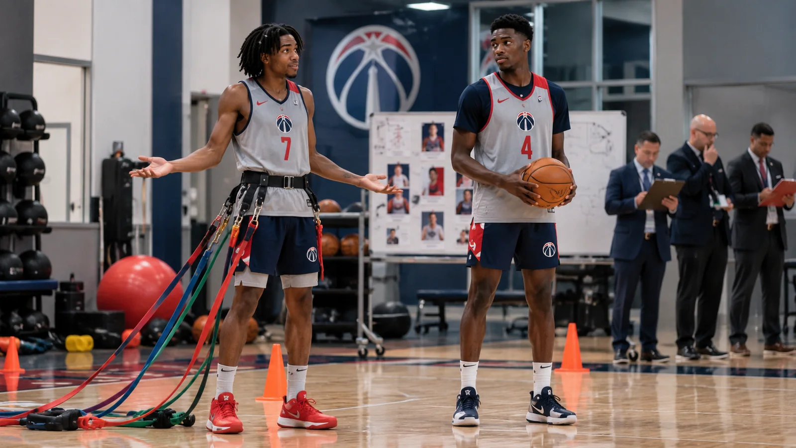 Satirical Wizards practice with Bub Carrington attached to resistance bands beside AJ Dybantsa while team staff review development plans.