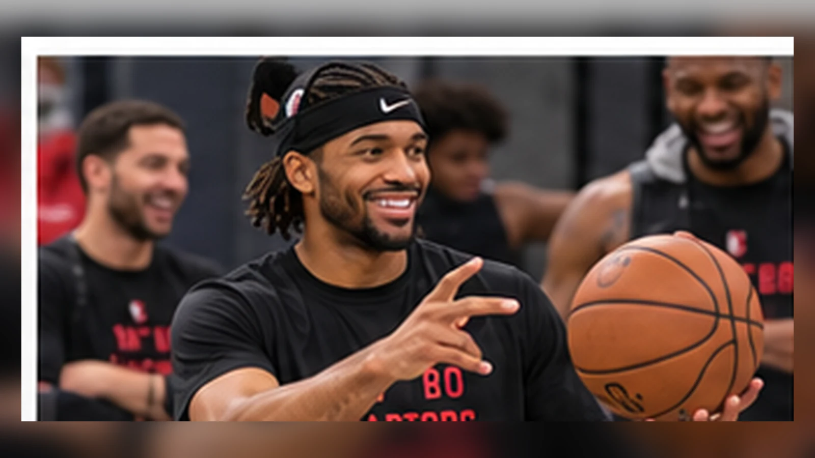 Jamal Shead in current Raptors colors celebrates his bench-assist production during a satirical team scene.