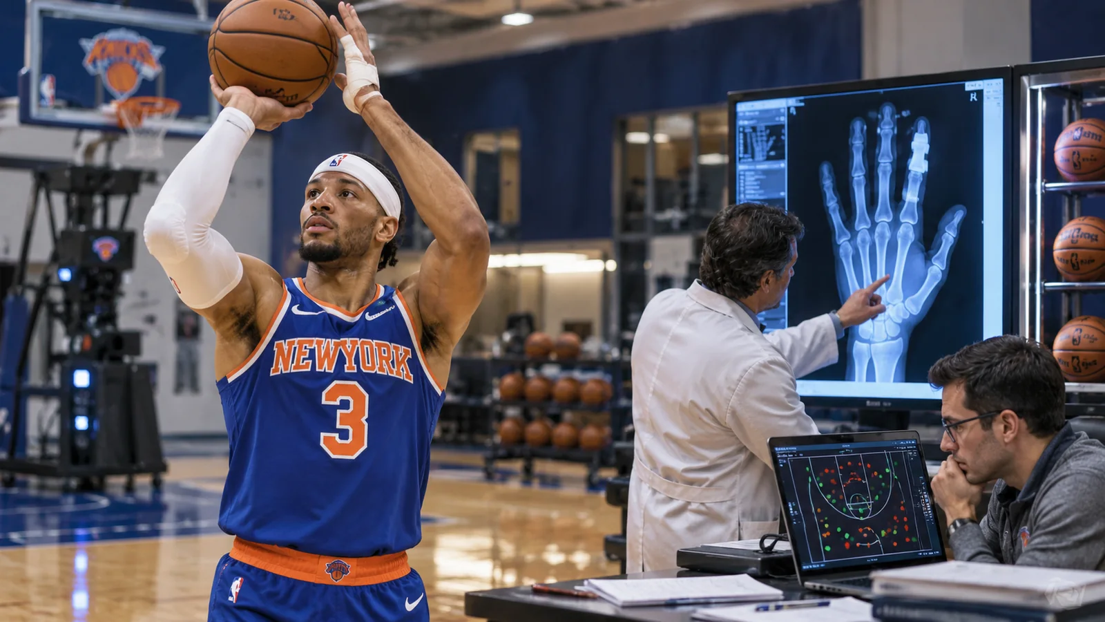 Satirical Knicks practice scene with Josh Hart shooting while medical staff examine a hand X-ray and analysts study shot data.