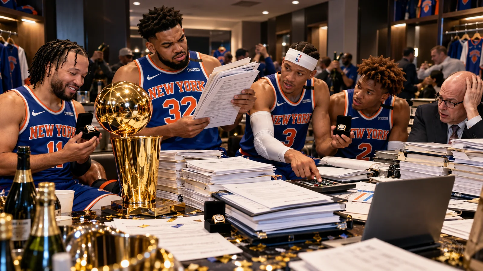 Satirical Knicks championship locker-room celebration interrupted by contracts, calculators and salary-cap paperwork around current New York players.