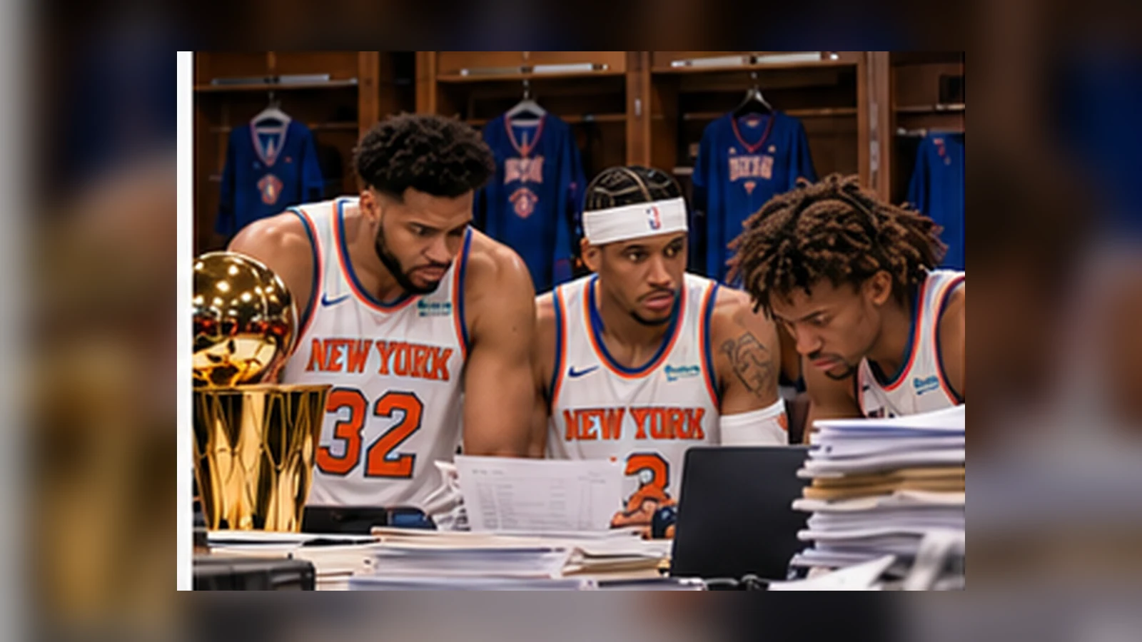 Current Knicks players Karl-Anthony Towns, Josh Hart and teammates study salary and extension paperwork beside the championship trophy.