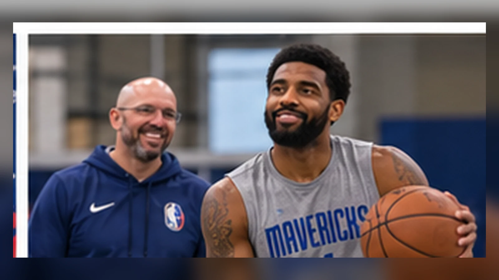 Kyrie Irving in current Dallas Mavericks No. 11 gear is welcomed back by teammates in a satirical locker-room scene.