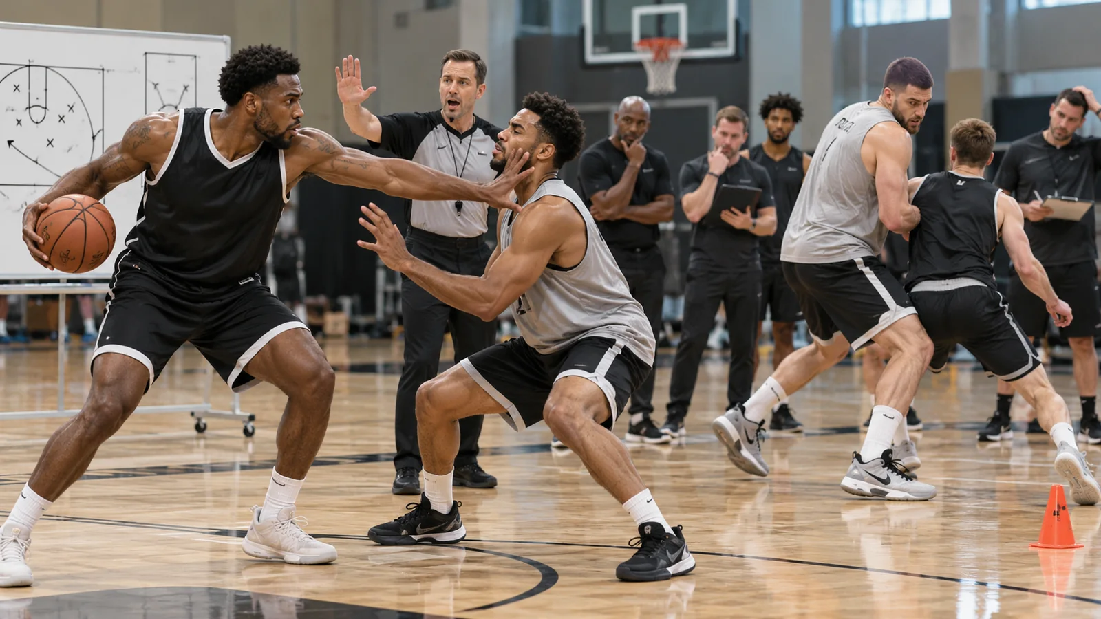 Satirical pro basketball practice where referees teach generic players about offensive push-offs and moving screens.
