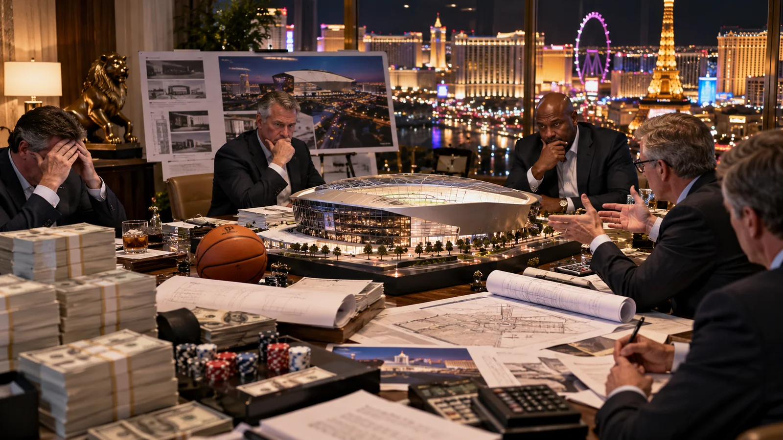 Satirical Las Vegas basketball expansion meeting with investors, cash, arena plans and a large arena model overlooking the Strip.