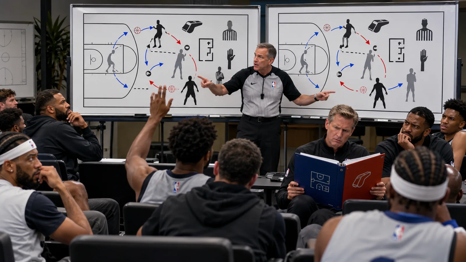 Satirical NBA-style rules seminar with a referee explaining two nearly identical tactic boards to confused players and coaches.