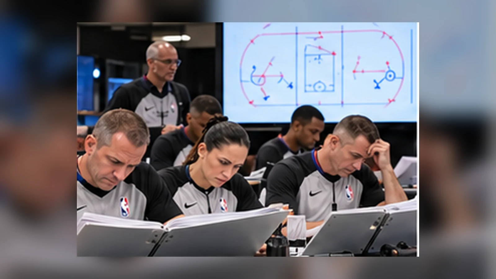 Satirical NBA officiating meeting with referees studying overlapping rule guidance and court diagrams.