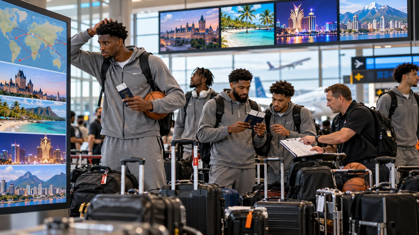 Satirical group of generic professional basketball players at an airport checking passports, luggage and a world travel map before preseason trips.