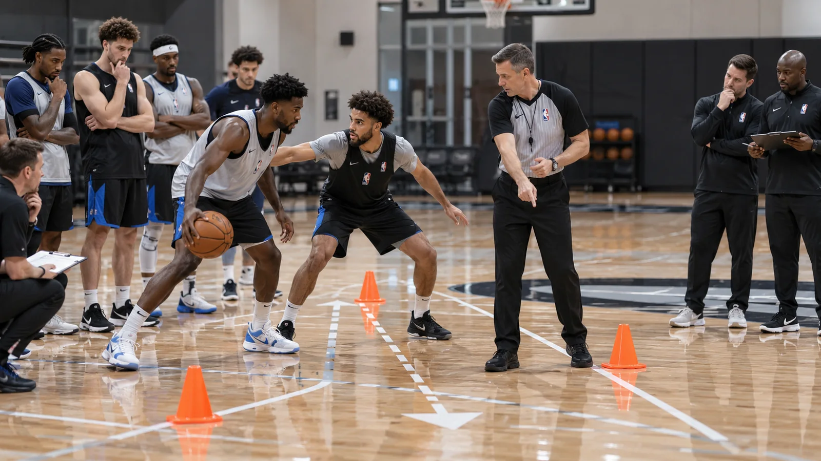 Satirical referee demonstration where generic players study taped floor lanes and arrows during a straight-line pathway rules lesson.