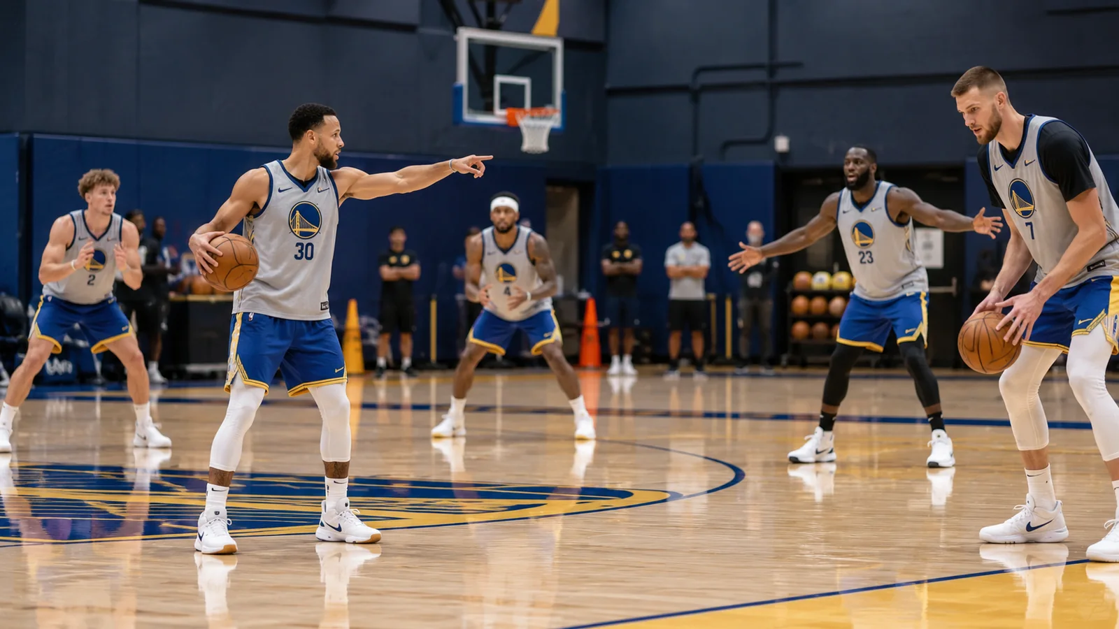 Satirical Warriors practice with Stephen Curry, Brandin Podziemski, Moses Moody, Draymond Green and Kristaps Porzingis spaced around the perimeter in a five-out drill.
