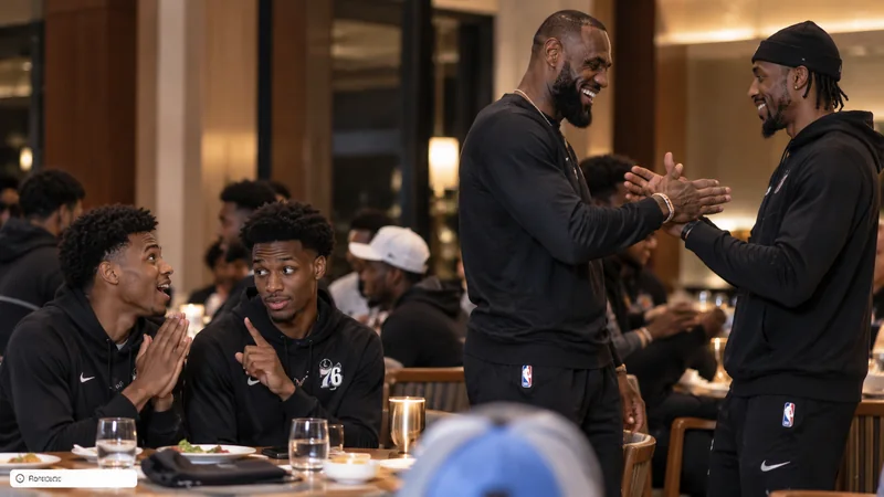 Satirical Sixers team dinner scene with LeBron James sharing a custom handshake with a veteran teammate while two young players react from the table.