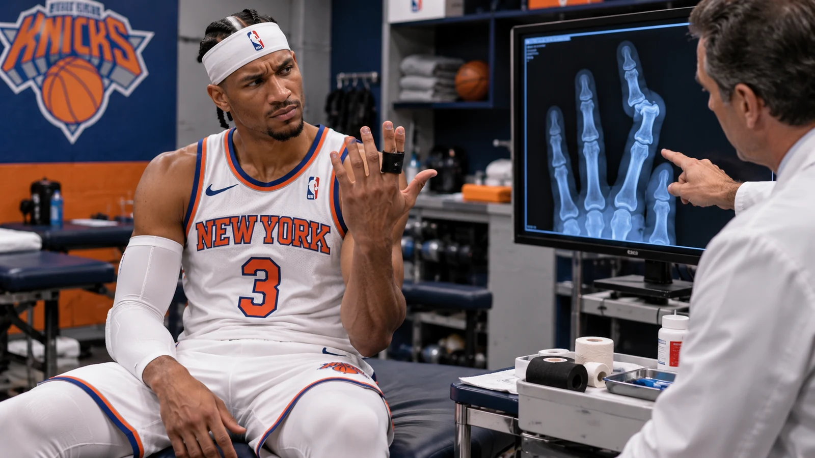 Satirical Knicks medical-room scene with a Josh Hart-like player examining his damaged ring finger while a doctor points to a crooked joint on an X-ray.