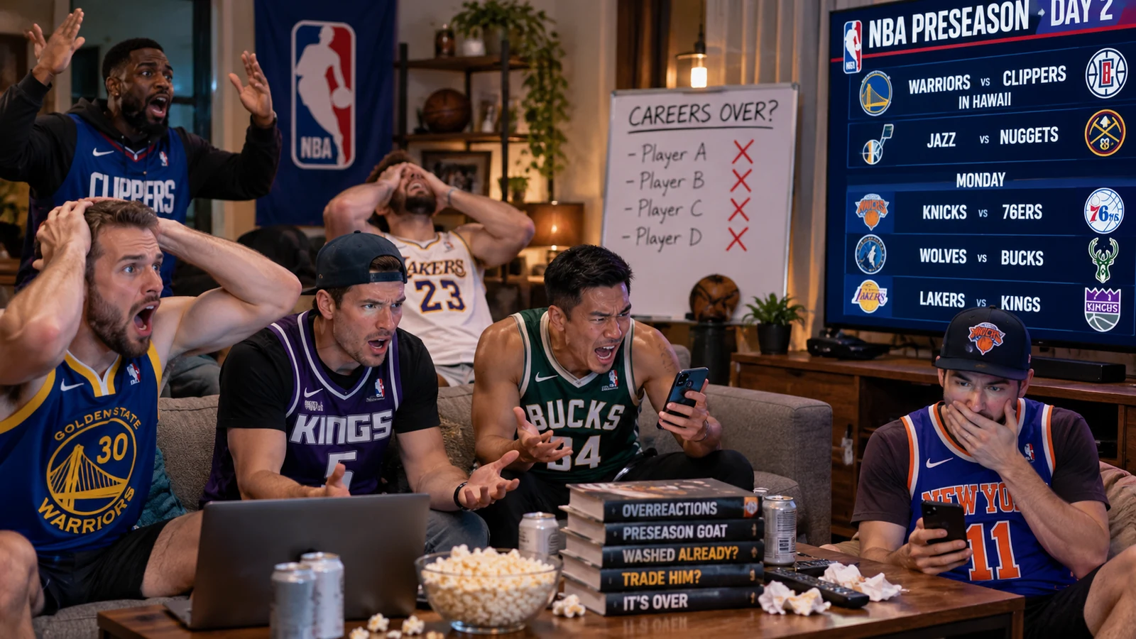 Satirical living-room watch party with basketball fans dramatically overreacting to the second day of NBA preseason while checking phones and a matchup board.