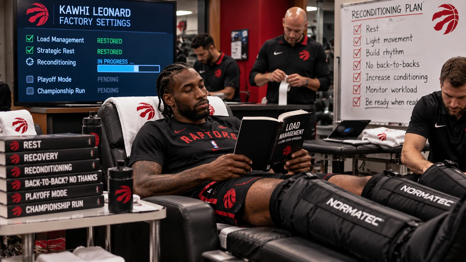 Satirical Raptors recovery-room scene with a Kawhi Leonard-like player relaxing while staff restore load-management and reconditioning settings.