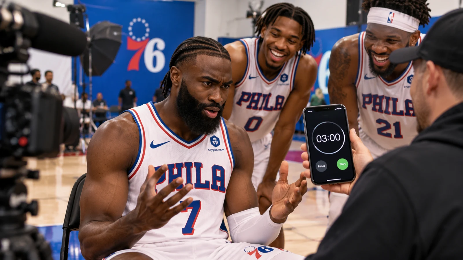 Satirical Sixers media-day scene with a Jaylen Brown-like player reacting to a phone frozen at 03:00 while teammates laugh behind him.