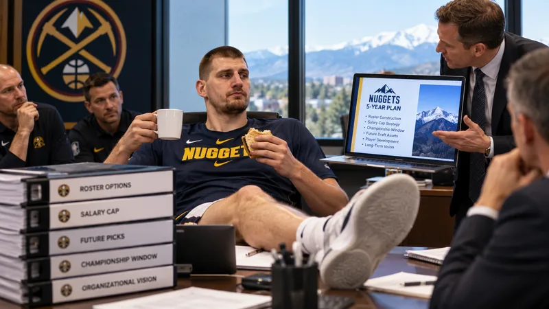 Satirical Nuggets boardroom scene with a Nikola Jokić-like player casually eating and drinking coffee while executives present a detailed five-year plan.